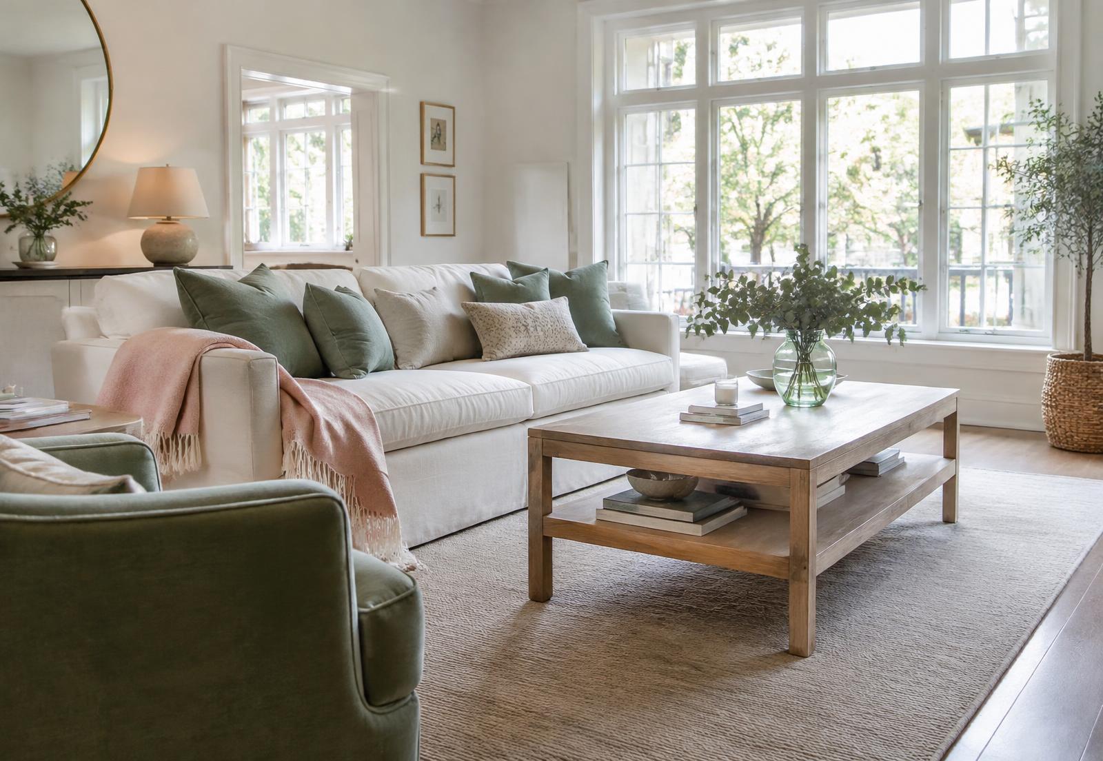 Bright, freshly cleaned living room with sage and blush accents